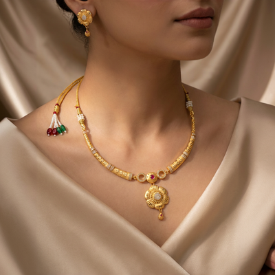 Real Gold Look Necklace Sets for Women | High Gold Plated AD Diamond Necklace (1 Set)