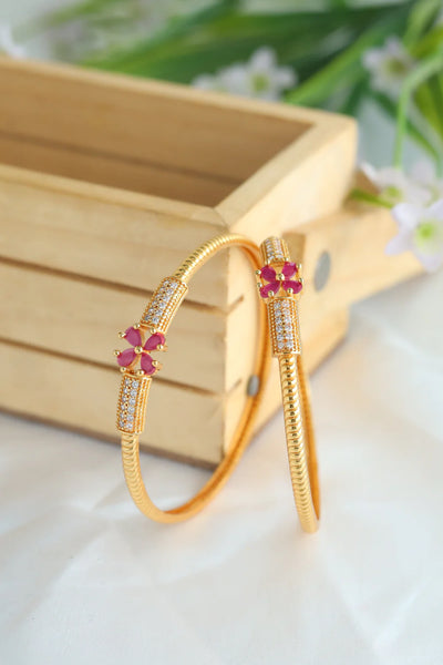 Daily Wear Gold Bangles | Premium Antique Bangles with Pink Flower Design (Pair)