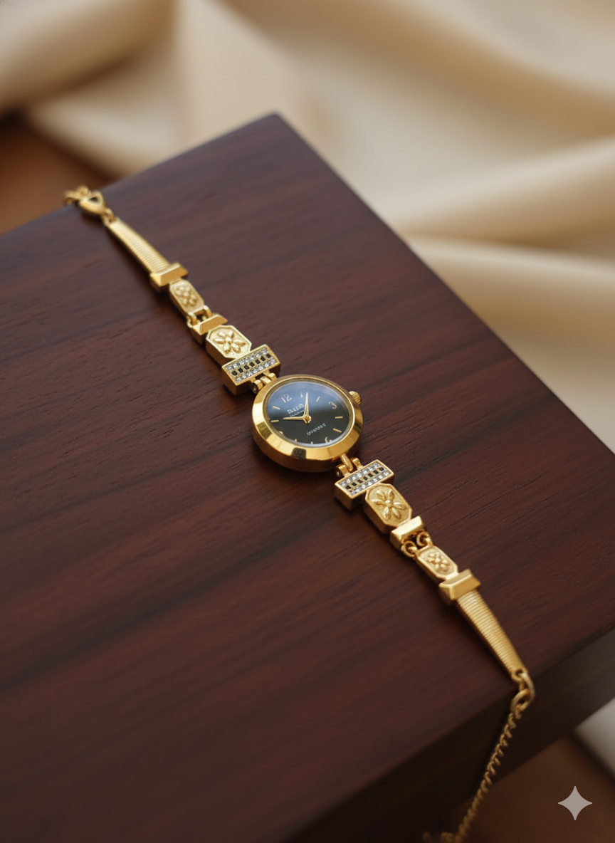 Royal Look Gold Plated Crystal Studded Bracelet Watch