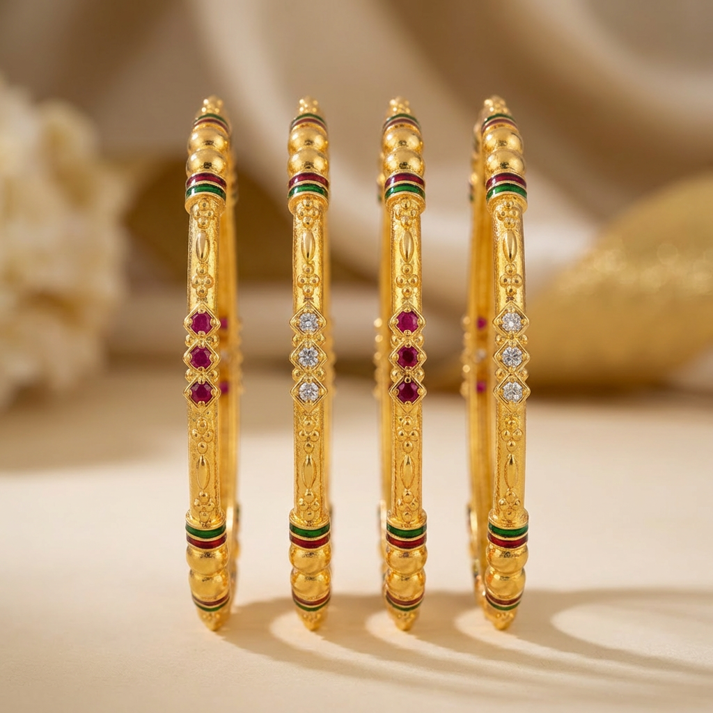 Stylish Daily Wear Bangles With Ruby-White Stones Pack Of 4 Pis
