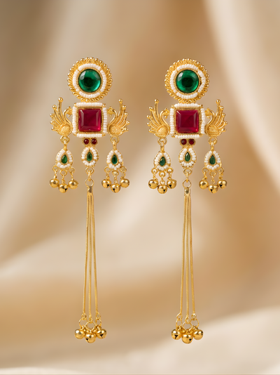 Designer Gold Finish Long Drop Earrings with Ruby Green Stones | Ethnic Wedding Earrings for Women