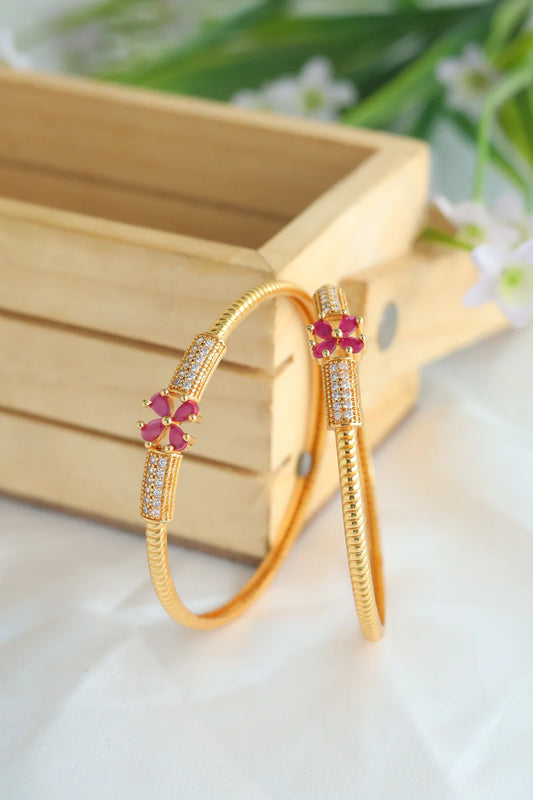 Daily Wear Gold Bangles | Premium Antique Bangles with Pink Flower Design (Pair)