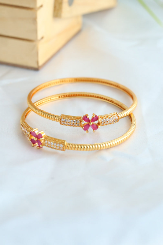 Daily Wear Gold Bangles | Premium Antique Bangles with Pink Flower Design (Pair)