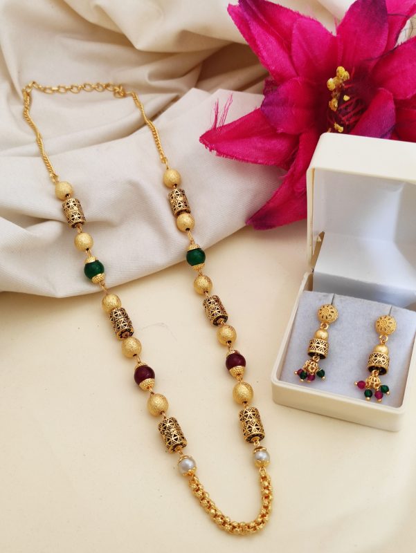 Gold Plated Brass Mala Necklace for Women | Elegant Moti Design with Earrings